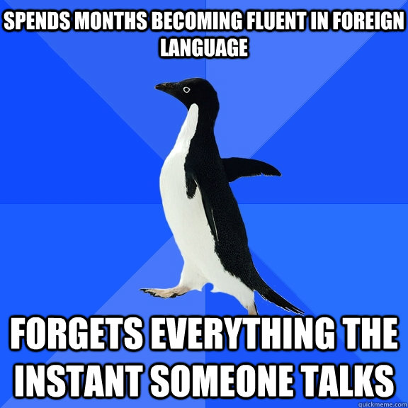 Spends Months becoming fluent in foreign language Forgets everything the instant someone talks   Socially Awkward Penguin