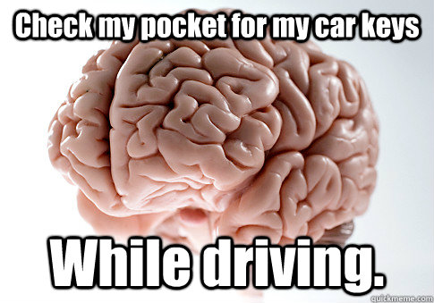Check my pocket for my car keys While driving.  Scumbag Brain