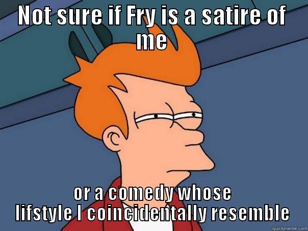 NOT SURE IF FRY IS A SATIRE OF ME OR A COMEDY WHOSE LIFSTYLE I COINCIDENTALLY RESEMBLE Futurama Fry