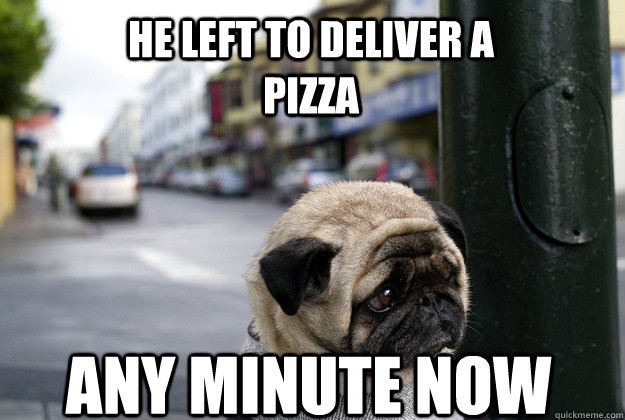 He left to deliver a pizza any minute now - He left to deliver a pizza any minute now  sad puglorin