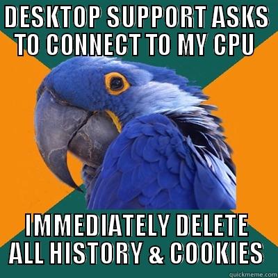 DESKTOP SUPPORT ASKS TO CONNECT TO MY CPU  IMMEDIATELY DELETE ALL HISTORY & COOKIES Paranoid Parrot