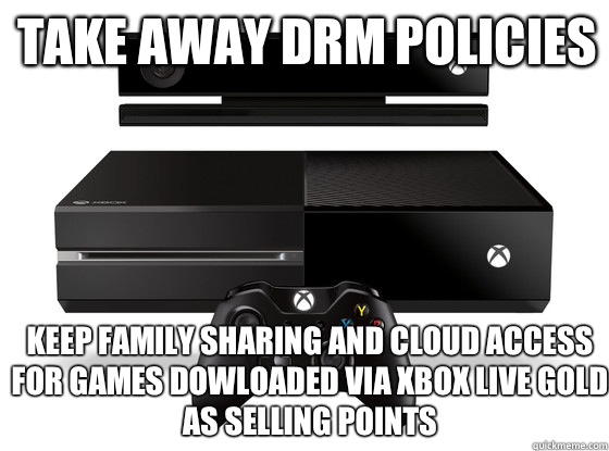 Take away DRM policies Keep family sharing and cloud access for games dowloaded via Xbox Live Gold as selling points  Xbox