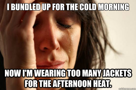 I bundled up for the cold morning Now I'm wearing too many jackets for the afternoon heat.  First World Problems