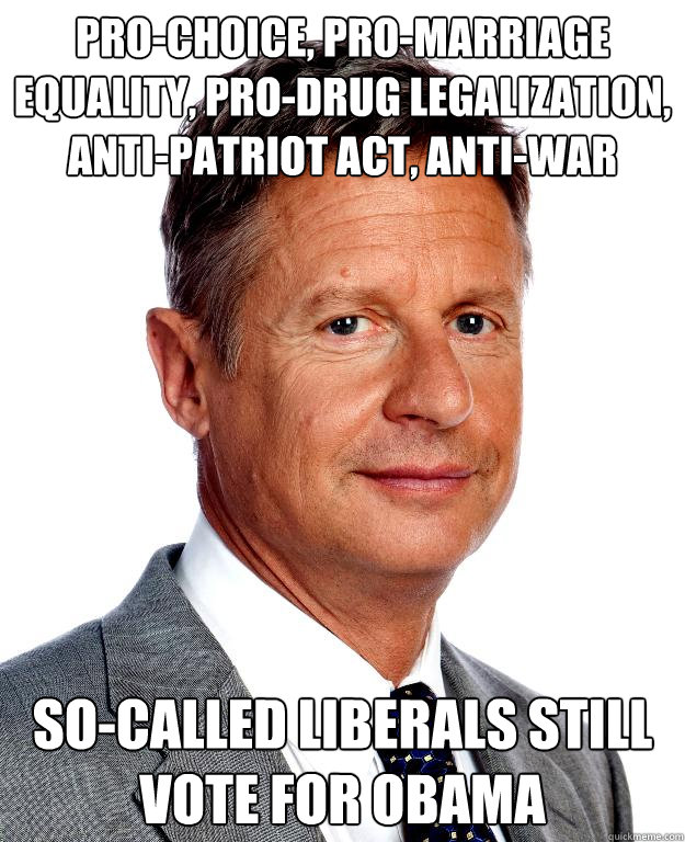 Pro-choice, pro-marriage equality, pro-drug legalization, anti-Patriot act, anti-war so-called liberals still vote for obama  Gary Johnson for president