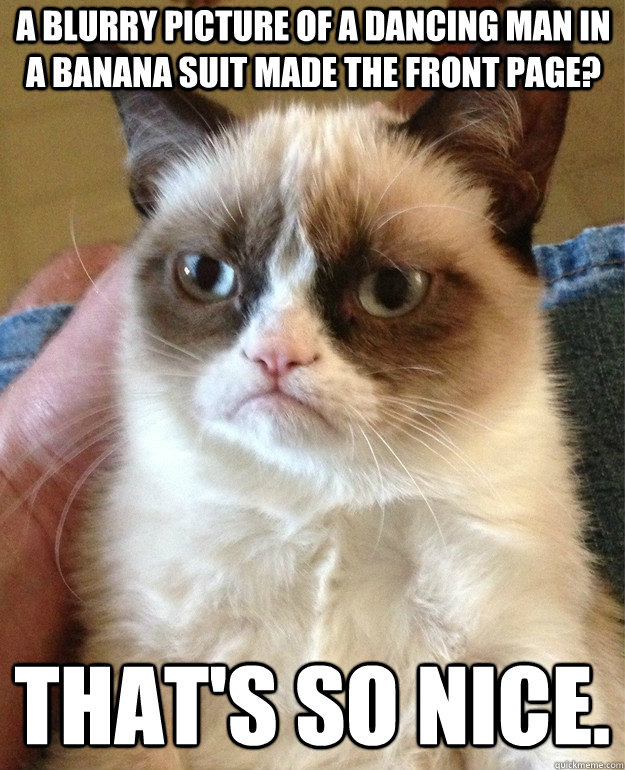 A blurry picture of a dancing man in a banana suit made the front page? That's so nice. - A blurry picture of a dancing man in a banana suit made the front page? That's so nice.  Grumpy Cat