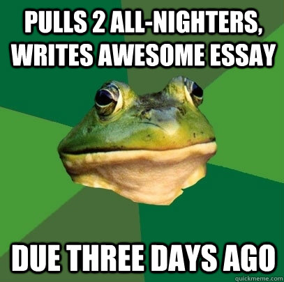 Pulls 2 all-nighters, writes awesome essay due three days ago  Foul Bachelor Frog