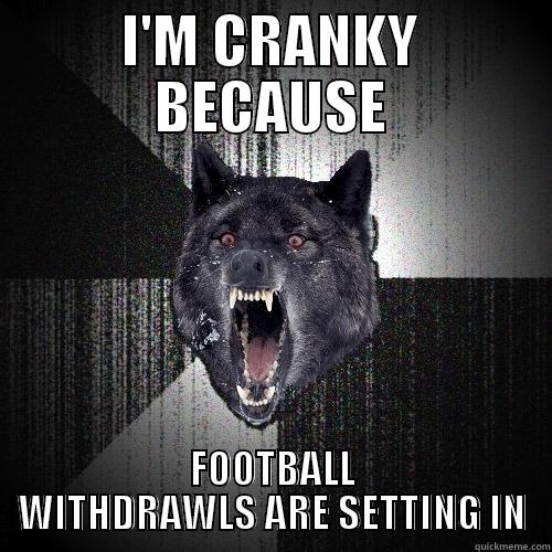 I'M CRANKY BECAUSE FOOTBALL WITHDRAWLS ARE SETTING IN Insanity Wolf