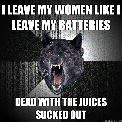 I leave my women like i leave my batteries Dead with the juices sucked out  Insanity Wolf