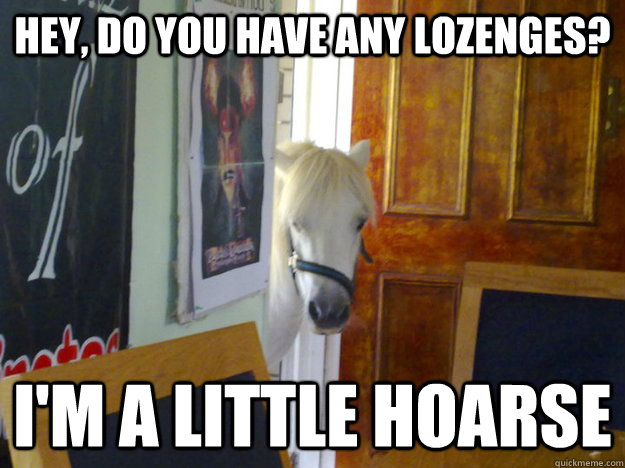 hey, do you have any lozenges? I'm a little hoarse - hey, do you have any lozenges? I'm a little hoarse  Misc