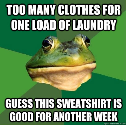 too many clothes for one load of laundry guess this sweatshirt is good for another week  Foul Bachelor Frog