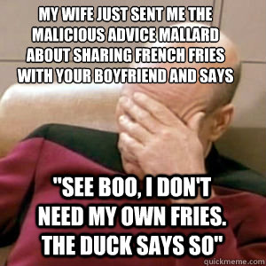 my wife just sent me the malicious advice mallard about sharing french fries with your boyfriend and says 