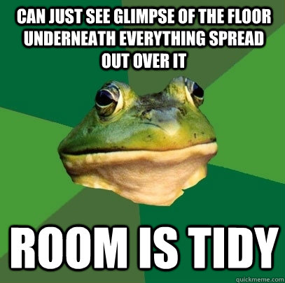 can just see glimpse of the floor underneath everything spread out over it room is tidy    Foul Bachelor Frog