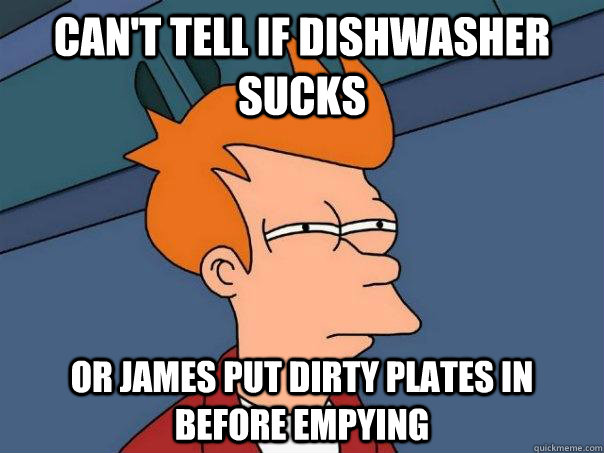 Can't tell if dishwasher sucks or james put dirty plates in before empying  Futurama Fry
