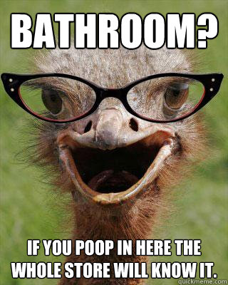 Bathroom? If you poop in here the whole store will know it.  Judgmental Bookseller Ostrich