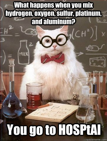 What happens when you mix hydrogen, oxygen, sulfur, platinum, and aluminum? You go to HOSPtAl  Chemistry Cat