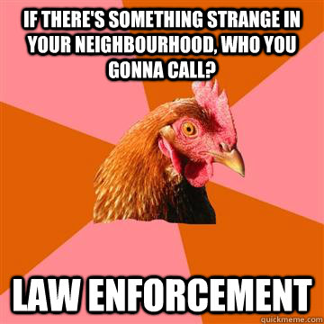 if there's something strange in your neighbourhood, who you gonna call? LAW ENFORCEMENT - if there's something strange in your neighbourhood, who you gonna call? LAW ENFORCEMENT  Anti-Joke Chicken