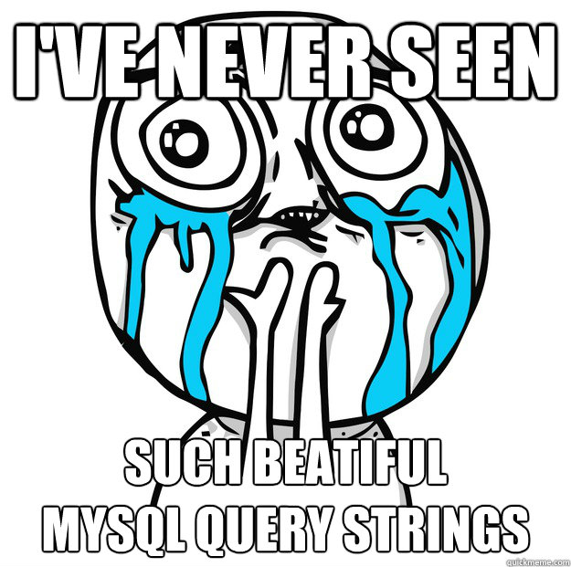 i've never seen such beatiful 
mysql query strings - i've never seen such beatiful 
mysql query strings  Its so beautiful!