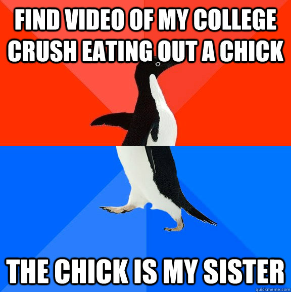 Find video of my college crush eating out a chick The chick is my sister  Socially Awesome Awkward Penguin