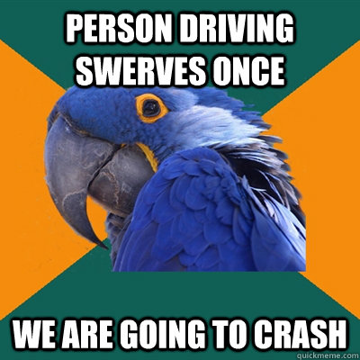 Person driving swerves once We are going to crash  Paranoid Parrot