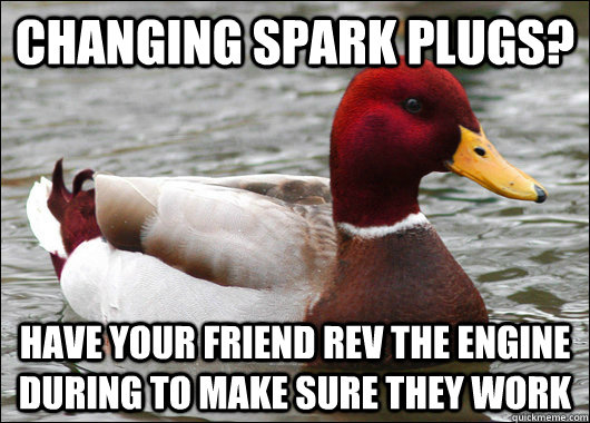 Changing spark plugs? Have your friend rev the engine during to make sure they work   Malicious Advice Mallard