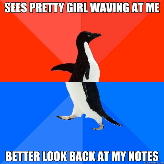 SEES PRETTY GIRL WAVING AT ME BETTER LOOK BACK AT MY NOTES  Socially Awesome Awkward Penguin