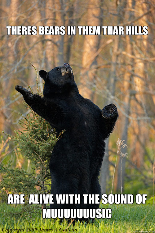 Theres Bears in them Thar Hills
 Are  alive with the sound of muuuuuuusic - Theres Bears in them Thar Hills
 Are  alive with the sound of muuuuuuusic  Bearfabulous