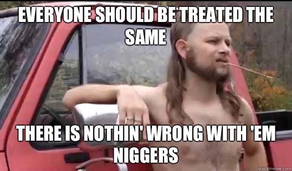 Everyone should be treated the same There is nothin' wrong with 'em niggers  Almost Politically Correct Redneck