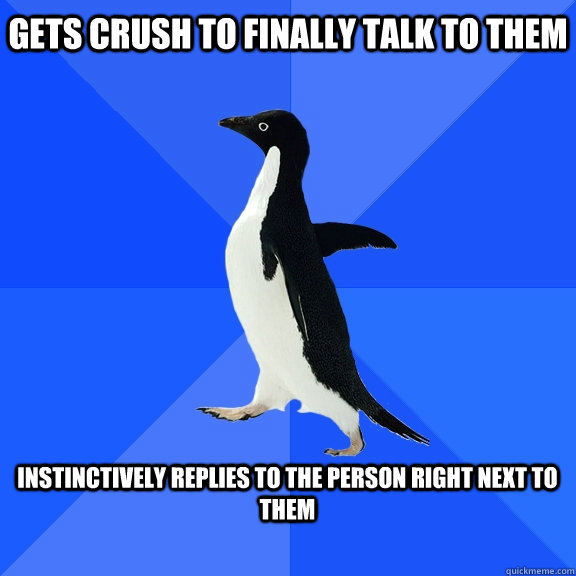 Gets crush to finally talk to them  Instinctively Replies to the person right next to them   Socially Awkward Penguin