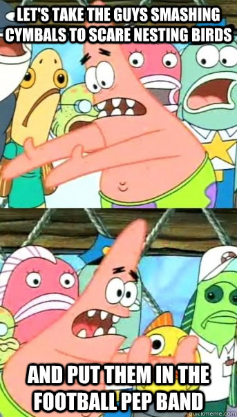 Let's take the guys smashing cymbals to scare nesting birds and put them in the football pep band  Push it somewhere else Patrick