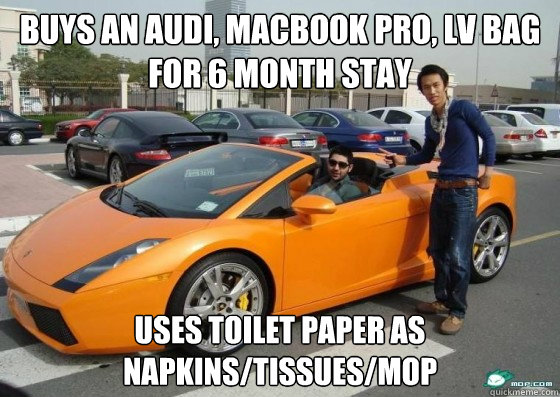 buys an audi, macbook pro, LV BAG for 6 month stay uses toilet paper as napkins/tissues/mop  