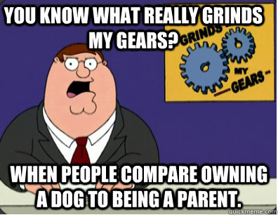 you know what really grinds my gears? When people compare owning a dog to being a parent.  Grinds my gears
