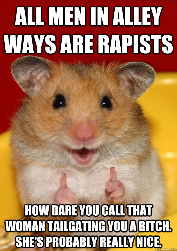 All men in alley ways are rapists How dare you call that woman tailgating you a bitch. She's probably really nice. - All men in alley ways are rapists How dare you call that woman tailgating you a bitch. She's probably really nice.  Rationalization Hamster