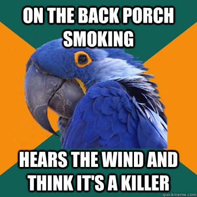 On the back porch smoking Hears the wind and think it's a killer  Paranoid Parrot