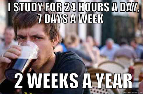    I STUDY FOR 24 HOURS A DAY, 7 DAYS A WEEK      2 WEEKS A YEAR   Lazy College Senior