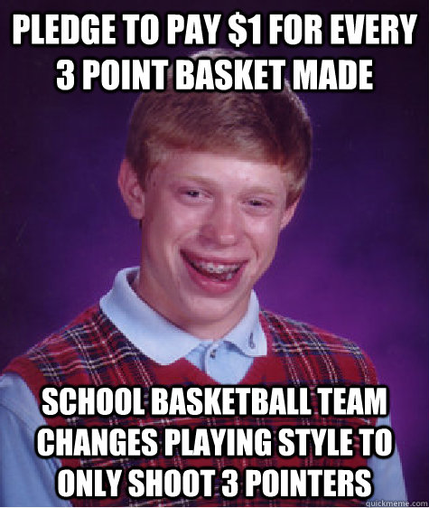 Pledge to pay $1 for every 3 point basket made School basketball team changes playing style to only shoot 3 pointers - Pledge to pay $1 for every 3 point basket made School basketball team changes playing style to only shoot 3 pointers  Bad Luck Brian