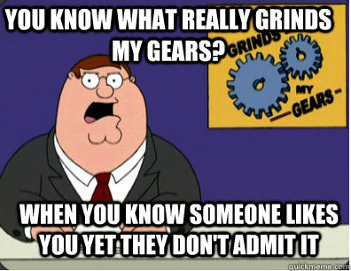 you know what really grinds my gears? When you know someone likes you yet they don't admit it  Grinds my gears