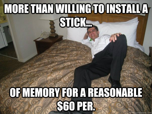 More than willing to install a stick... of memory for a reasonable $60 per.  Suave Geek Squad Agent