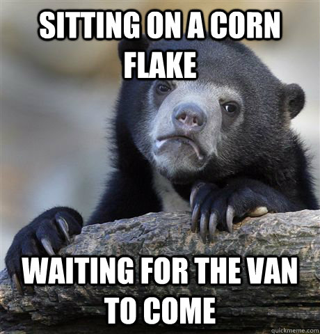 Sitting on a corn flake waiting for the van to come  Confession Bear