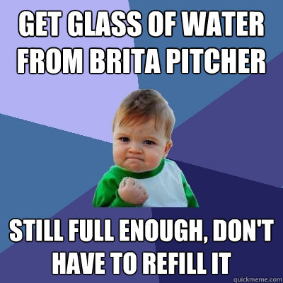 get glass of water from brita pitcher still full enough, don't have to refill it - get glass of water from brita pitcher still full enough, don't have to refill it  Success Kid