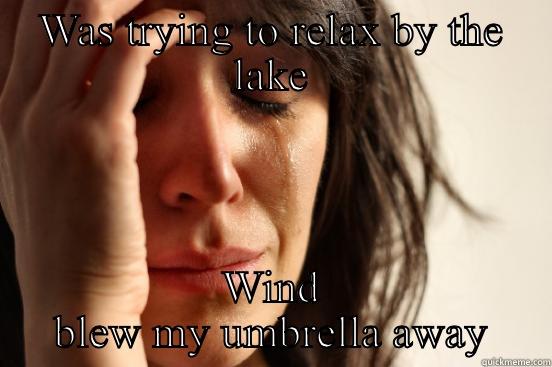 WAS TRYING TO RELAX BY THE LAKE WIND BLEW MY UMBRELLA AWAY First World Problems