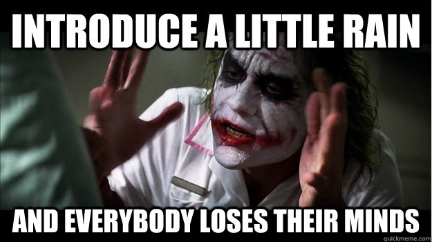 Introduce a little rain AND EVERYBODY LOSES THEIR MINDS  Joker Mind Loss