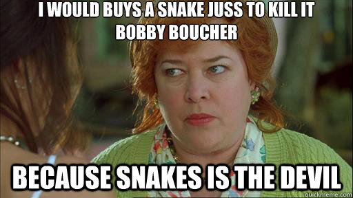 I would buys a snake juss to kill it 
bobby boucher because snakes is the devil - I would buys a snake juss to kill it 
bobby boucher because snakes is the devil  Waterboy Devil Mom