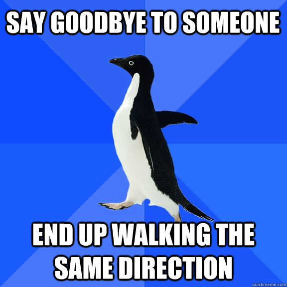 Say goodbye to someone end up walking the same direction  Socially Awkward Penguin