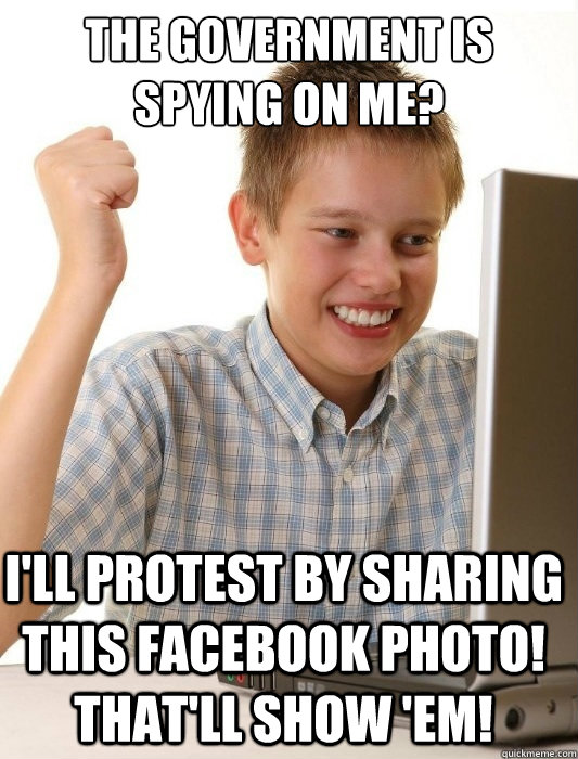 The government is spying on me? I'll protest by sharing this Facebook photo! That'll show 'em!  First Day on the Internet Kid