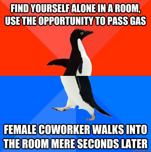 Find yourself alone in a room, use the opportunity to pass gas Female coworker walks into the room mere seconds later  Socially Awesome Awkward Penguin