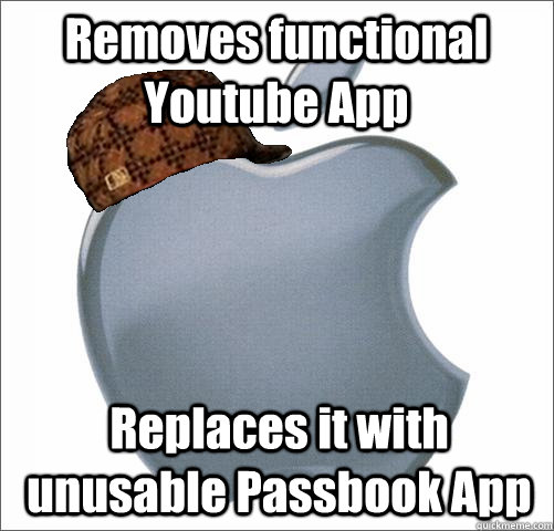 Removes functional Youtube App Replaces it with unusable Passbook App  
