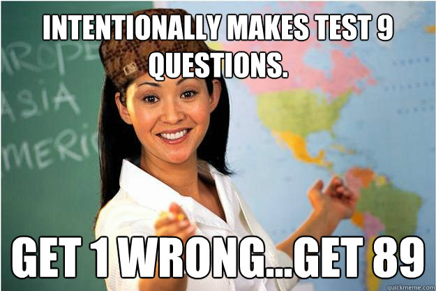 Intentionally makes test 9 questions.  get 1 wrong...get 89  Scumbag Teacher