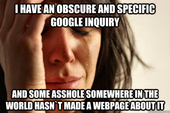 I have an obscure and specific google inquiry  and some asshole somewhere in the world hasn`t made a webpage about it  First World Problems