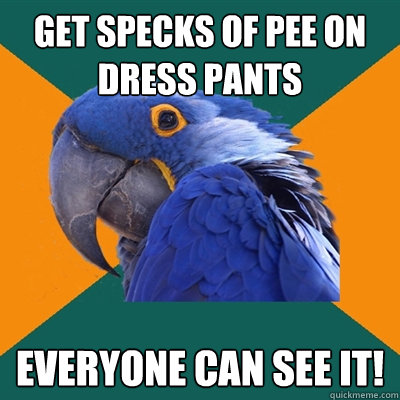 Get specks of pee on dress pants Everyone can see it!  Paranoid Parrot