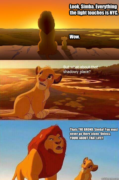 Look, Simba. Everything the light touches is NYC. Wow. Thats THE BRONX, Simba! You must never go there alone. Unless, YOURE ABOUT THAT LIFE!!  - Look, Simba. Everything the light touches is NYC. Wow. Thats THE BRONX, Simba! You must never go there alone. Unless, YOURE ABOUT THAT LIFE!!   Lion King Shadowy Place